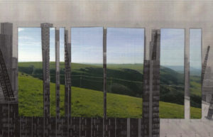 Grey tower blocks overlaid with images of blue skies and rolling green hills