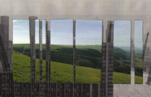 Grey tower blocks overlaid with images of blue skies and rolling green hills