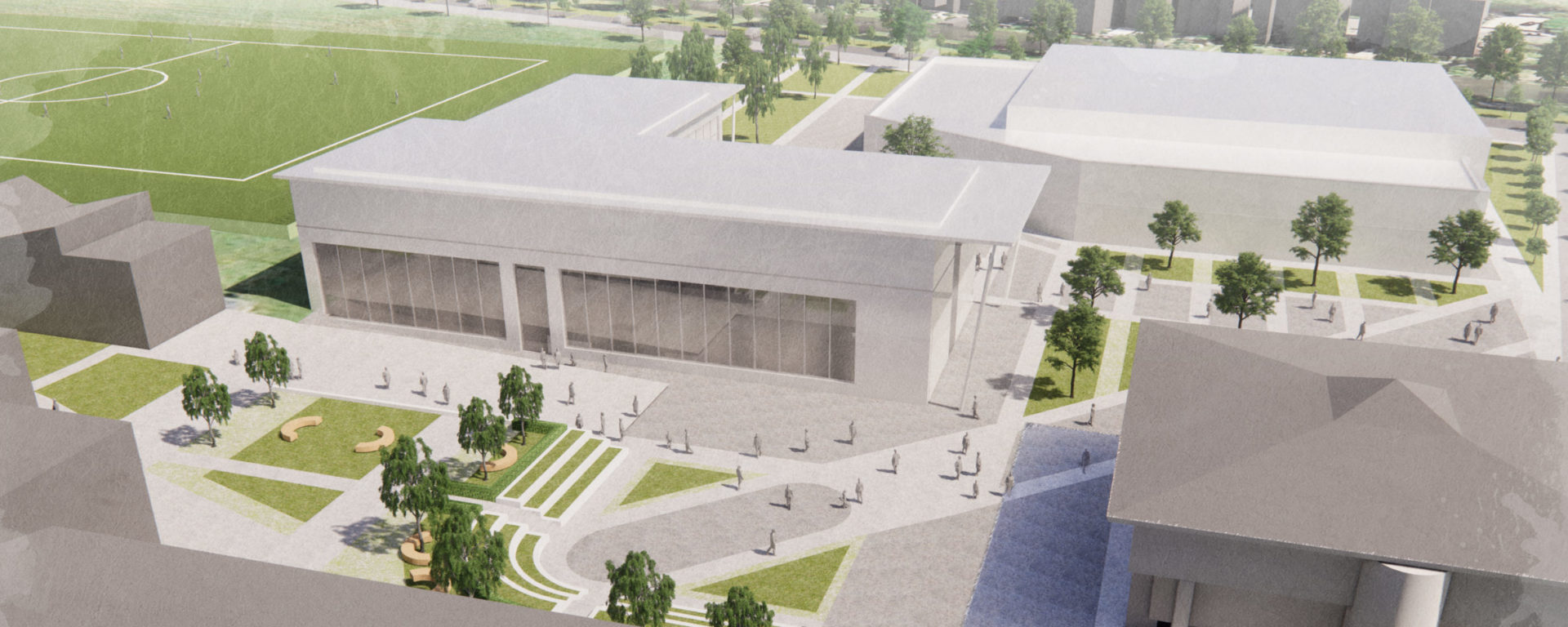 Artist impression of the sports centre showing a large glass fronted building