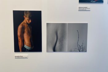 ArabellaRice_exhibition3 Images- one of bare chested male eyes cast down, one black and white image of an arm besides the chest, one black and white image of bare branches